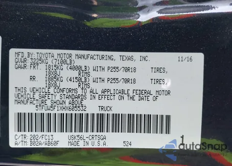 2017 Toyota Tundra Sr5 5.7L V8 z USA, uszkodzony, nr VIN 5TFUW5F1XHX605532